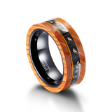 Load image into Gallery viewer, 8mm Olive Wood Black Sand Metal Slag Guitar String Inlay Tungsten Ring