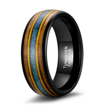 Load image into Gallery viewer, 8mm Blue Opal Inlay Gold Guitar Strings Wood Domed High Polished Wedding Band Tungsten Carbide Ring