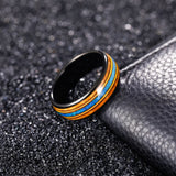 Load image into Gallery viewer, 8mm Blue Opal Inlay Gold Guitar Strings Wood Domed High Polished Wedding Band Tungsten Carbide Ring