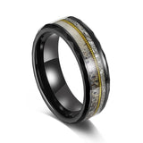 Load image into Gallery viewer, 8mm Hammered Black Tungsten Rings with Gold Guitar String Antler and Silver Silk Inlay