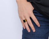 Load image into Gallery viewer, Men&#39;s Luxury Jewelry High Polished 24K IP Gold Plated Black Agate Stone Inlay Stainless Steel Rings for Men