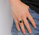 Load image into Gallery viewer, High Polished Black Agate Stone Inlay 24K Gold Plated Stainless Steel Rings for Men Fashion Jewelry