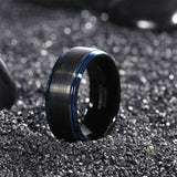 Load image into Gallery viewer, Ringsmaker 8mm Men Women Black Brushed Tungsten Carbide Ring Edge Blue Line Engagement Bands
